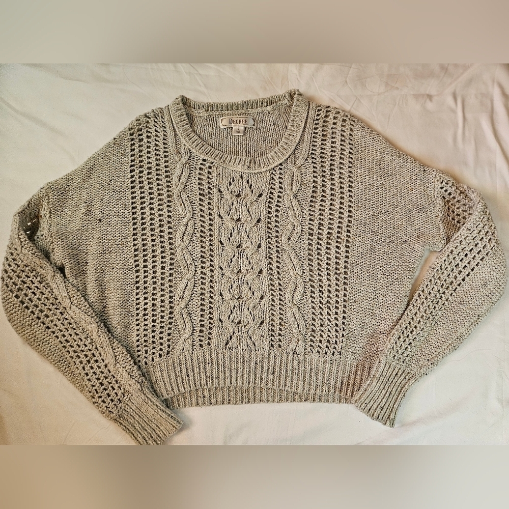 Decree Womens Cream Open Weave Long Sleeve Crewneck Pullover Sweater Size Large